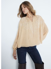 River Island Brown Long Sleeve Tie Neck Pearl Embellished 100% Cotton Blouse - Image 1 of 4