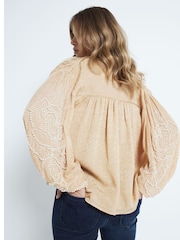 River Island Brown Long Sleeve Tie Neck Pearl Embellished 100% Cotton Blouse - Image 2 of 4