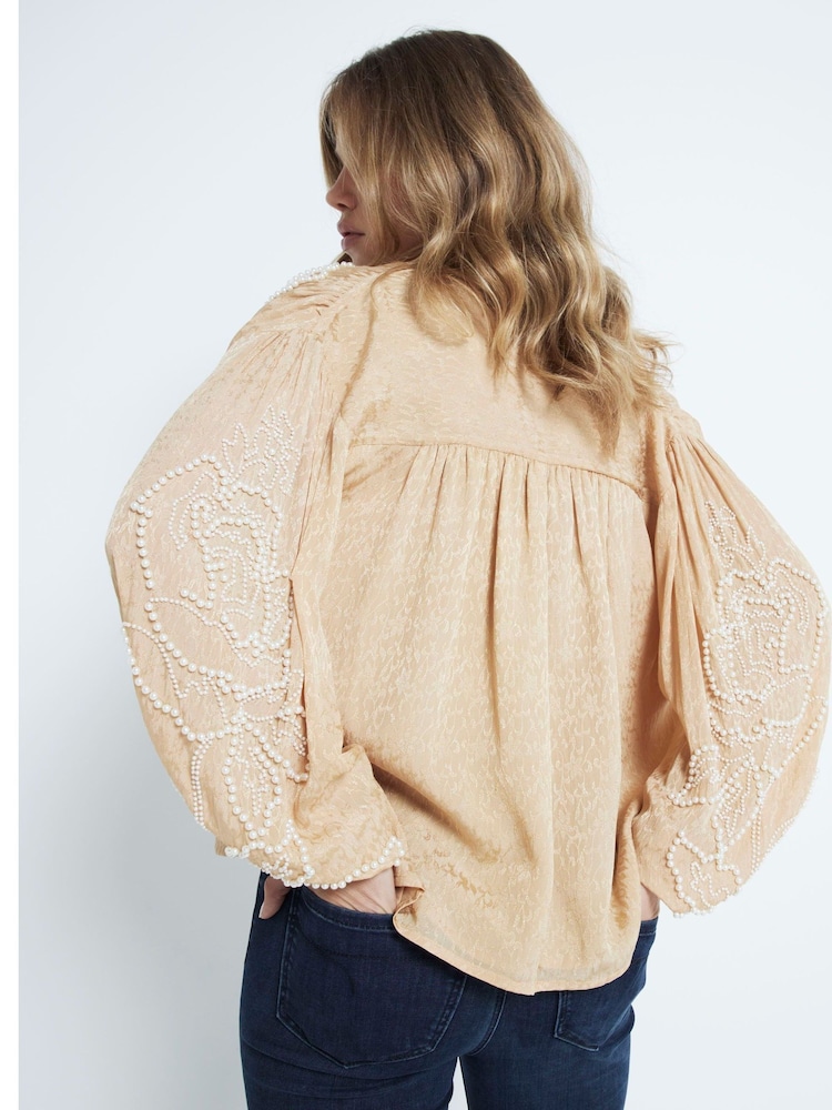 River Island Brown Long Sleeve Tie Neck Pearl Embellished 100% Cotton Blouse - Image 2 of 4 River Island Brown Long Sleeve Tie Neck Pearl Embellished 100% Cotton Blouse - Image 2 of 4