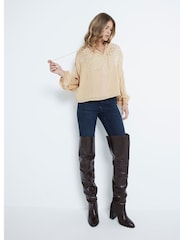 River Island Brown Long Sleeve Tie Neck Pearl Embellished 100% Cotton Blouse - Image 3 of 4
