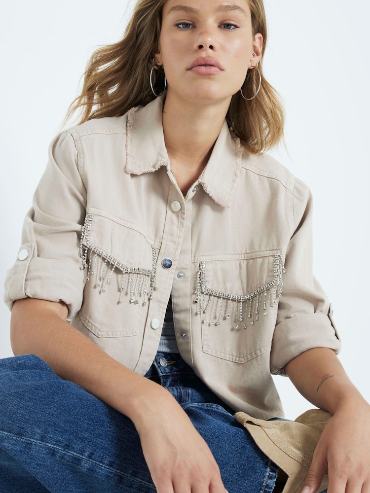 River Island Brown Roll Sleeve Embellished 100% Cotton Denim Shirt - Image 1 of 4 River Island Brown Roll Sleeve Embellished 100% Cotton Denim Shirt - Image 1 of 4
