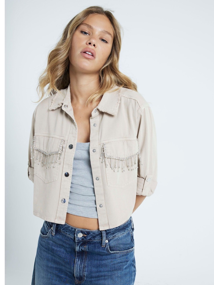 River Island Brown Roll Sleeve Embellished 100% Cotton Denim Shirt - Image 2 of 4