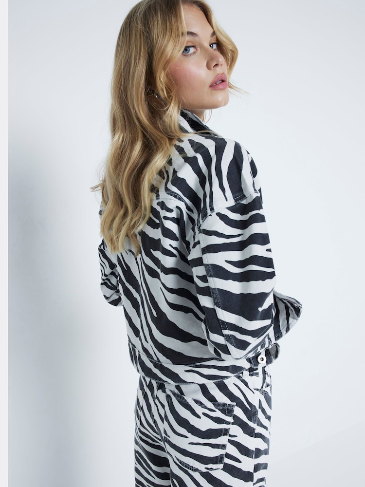 River Island Black Cropped Zebra Print 100% Cotton Denim Jacket - Image 2 of 4