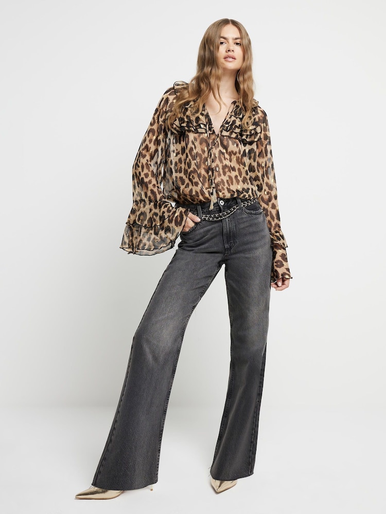 River Island Brown Long Sleeve Ruffle Leopard Print Blouse - Image 1 of 4