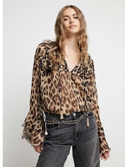 River Island Brown Long Sleeve Ruffle Leopard Print Blouse - Image 2 of 4