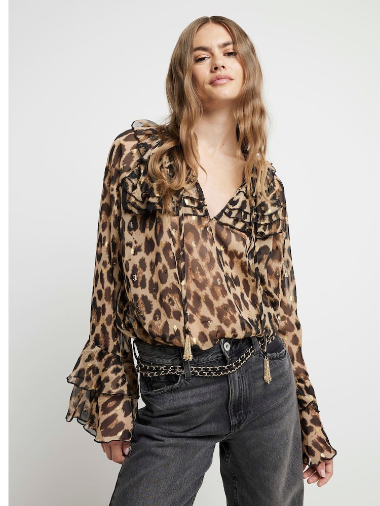 River Island Brown Long Sleeve Ruffle Leopard Print Blouse - Image 2 of 4 River Island Brown Long Sleeve Ruffle Leopard Print Blouse - Image 2 of 4