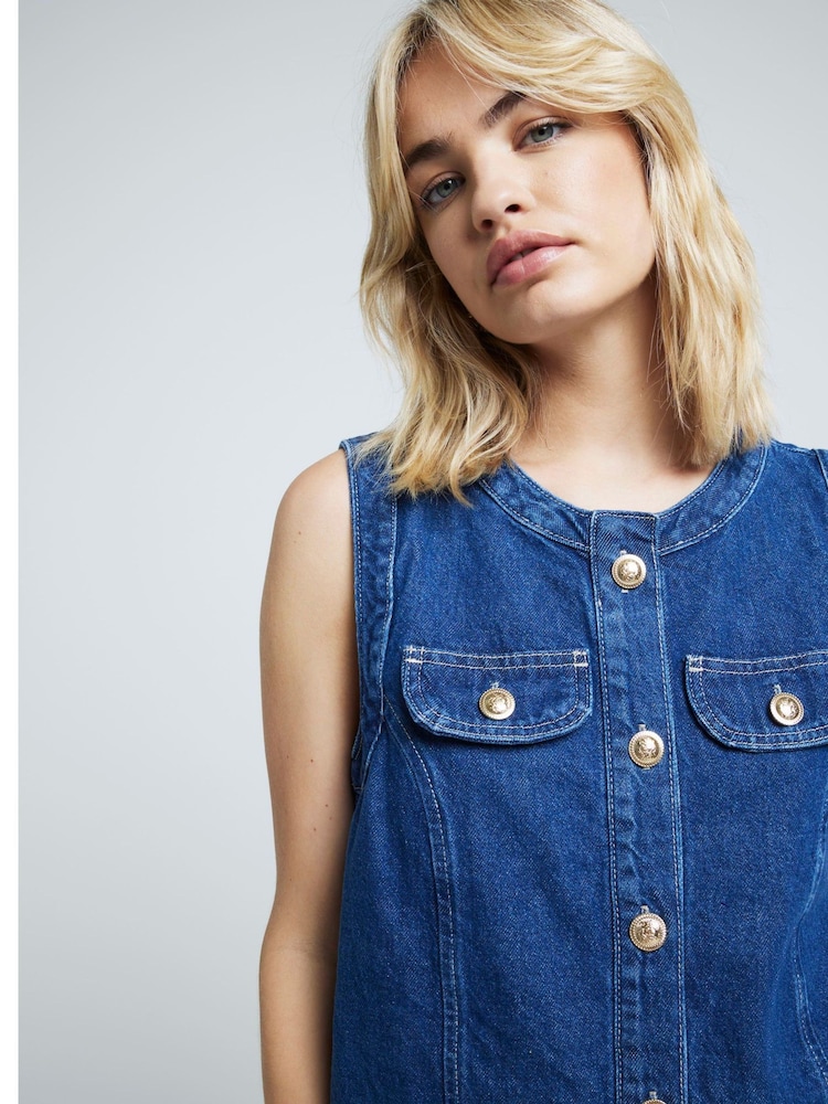 River Island Blue Trophy Pinafore 100% Cotton Dress - Image 2 of 4