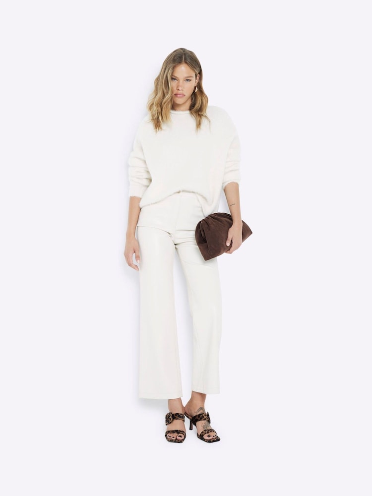 River Island Cream Faux Fur Leather Relaxed Straight Leg Trousers - Image 1 of 5