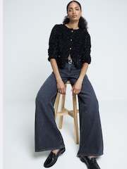 River Island Black Mid Rise Palazzo Denim 100% Cotton Jeans - Image 1 of 3