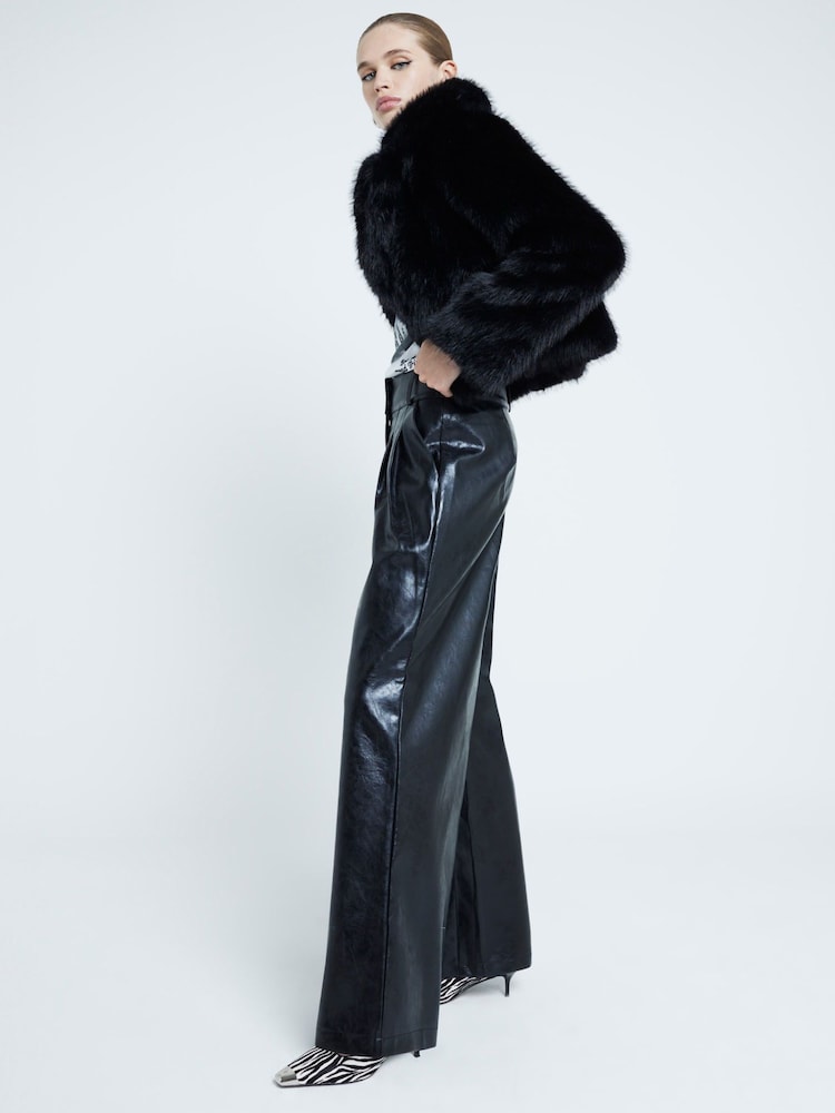 River Island Black Faux Fur Leather Creaked Wide Leg Trousers - Image 1 of 4