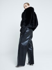 River Island Black Faux Fur Leather Creaked Wide Leg Trousers - Image 2 of 4