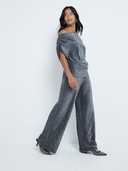 River Island Black Petite Metallic Wide Leg 100% Cotton Trousers - Image 1 of 4