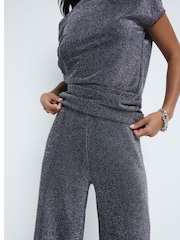 River Island Black Petite Metallic Wide Leg 100% Cotton Trousers - Image 3 of 4