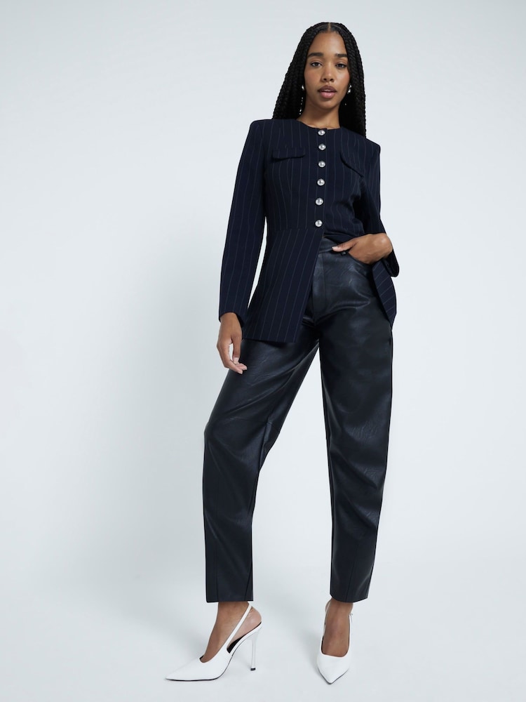 River Island Black Barrel Fit Faux Fur Leather Trousers - Image 1 of 5