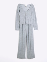 River Island Grey Cosy Long Sleeve Rib Pyjamas Set - Image 5 of 6