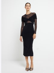 River Island Black Mesh Bow Long Sleeve Midi Dress - Image 4 of 6