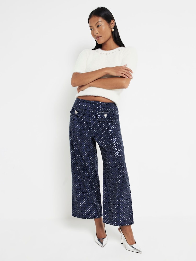 River Island Blue Petite Sequin Wide Leg 100% Cotton Crop Jeans - Image 1 of 4