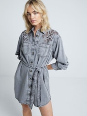 River Island Grey Long Sleeve Denim 100% Cotton Shirt Dress - Image 1 of 4