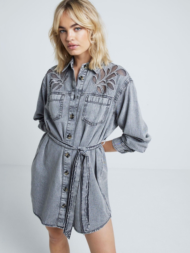 River Island Grey Long Sleeve Denim 100% Cotton Shirt Dress - Image 1 of 4 River Island Grey Long Sleeve Denim 100% Cotton Shirt Dress - Image 1 of 4