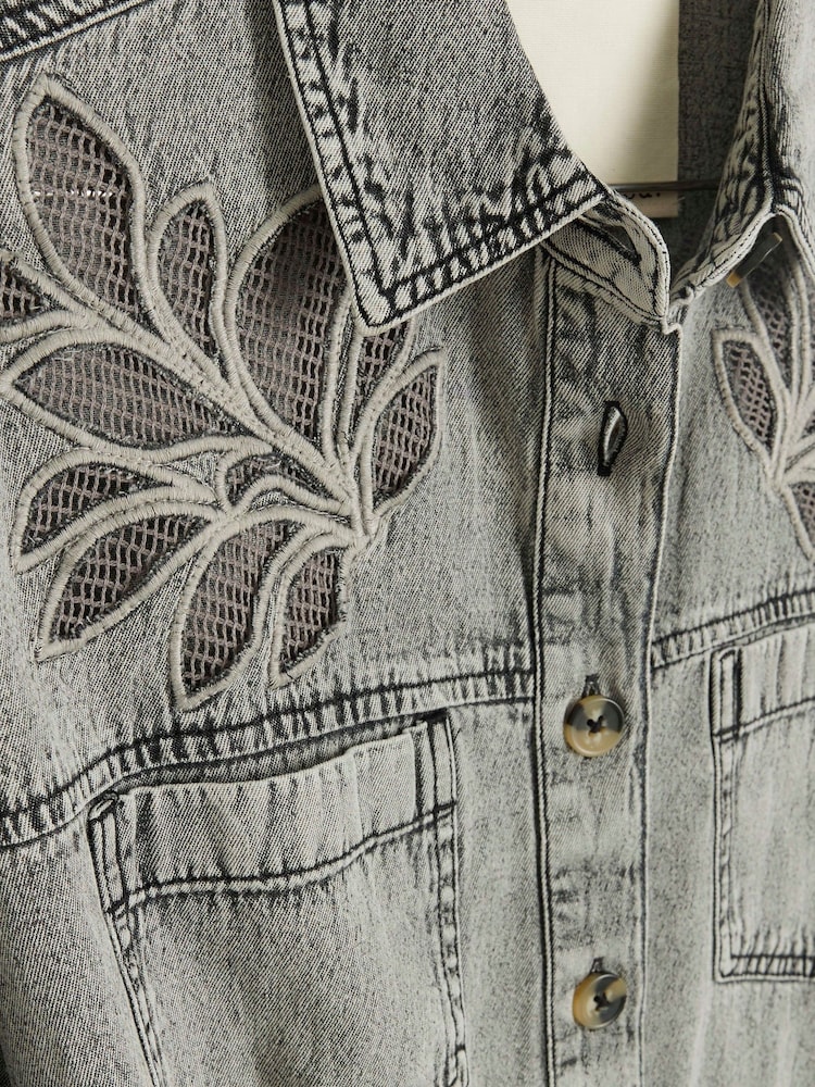 River Island Grey Long Sleeve Denim 100% Cotton Shirt Dress - Image 4 of 4 River Island Grey Long Sleeve Denim 100% Cotton Shirt Dress - Image 4 of 4