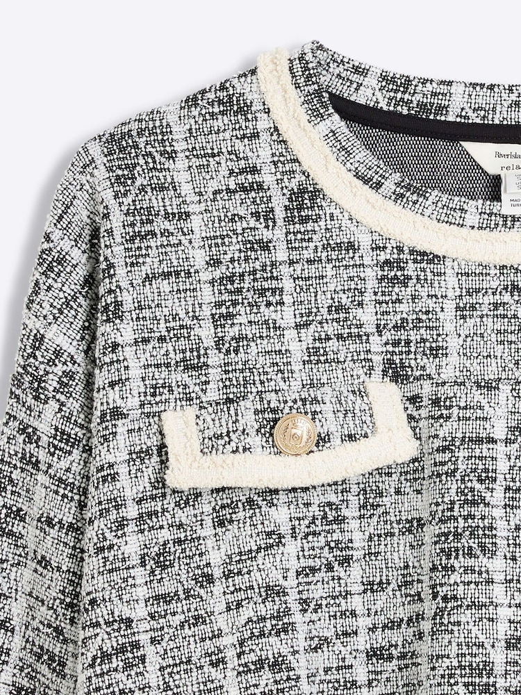 River Island Black Petite Check Boucle Button 100% Cotton Sweatshirt - Image 4 of 4