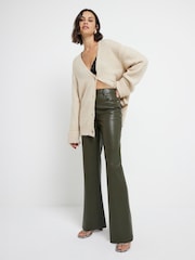 River Island Khaki Faux Leather Relaxed Straight Leg Trousers - Image 1 of 4