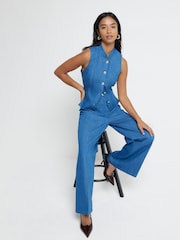 River Island Blue Petite Tie Back 100% Cotton Waistcoat - Image 1 of 4