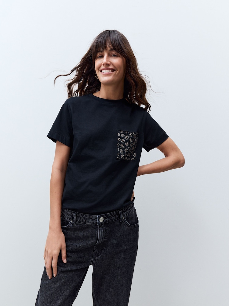 Black 100% Cotton Embellished Pocket T-Shirt - Image 1 of 7