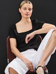 Black Textured Short Sleeve Square Neck T-Shirt - Image 1 of 7