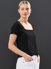Black Textured Short Sleeve Square Neck T-Shirt - Image 2 of 7