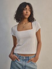 White Textured Short Sleeve Square Neck T-Shirt - Image 1 of 5