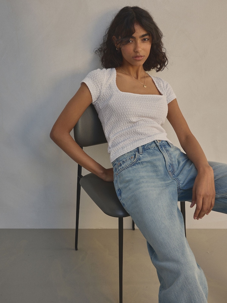 White Textured Short Sleeve Square Neck T-Shirt - Image 2 of 5
