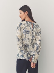 Blue/Ecru Long Sleeve Ruched Detail Blouse - Image 2 of 5