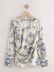 Sininen/Ecru - Pitkä hiha Ruched Detail Pusero - Kuva 6 / 8