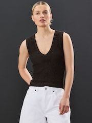 Chocolate Brown Sleeveless Textured V-Neck Tank Top - Image 1 of 4