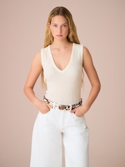 Ecru Sleeveless Textured V-Neck Tank Top - Image 3 of 7