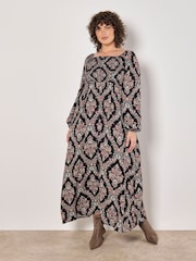 Apricot Black Folk Diamond Smock Midi Dress - Image 1 of 4