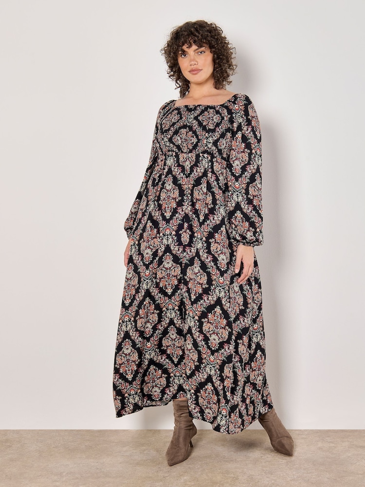 Apricot Black Folk Diamond Smock Midi Dress - Image 1 of 4