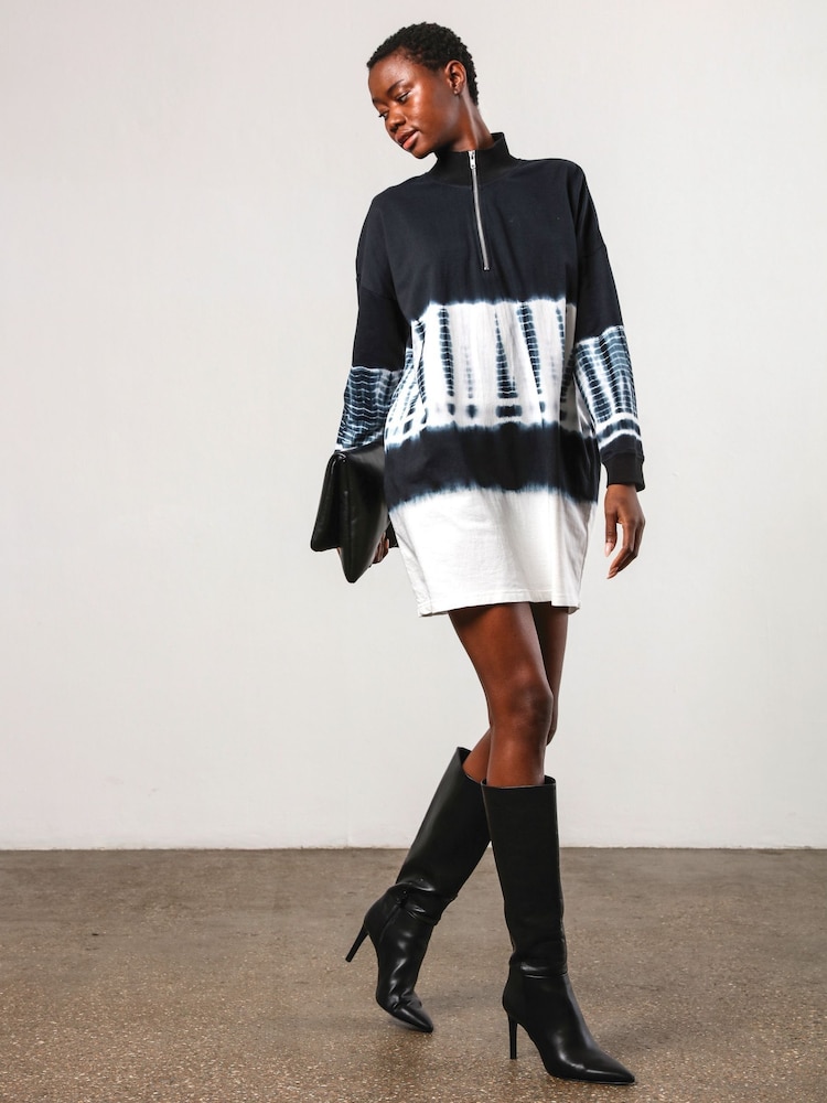 Religion Black Tie Dye Shade 100% Cotton Tunic Dress With Zip Funnel Neck - Image 1 of 6