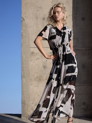 Religion White/Black Blossom Maxi Shirt Dress With Tie Waist Band in Hand-Painted Prints - Image 1 of 6