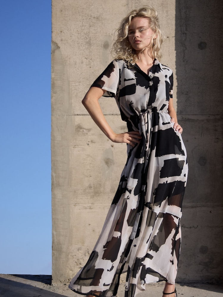 Religion White/Black Blossom Maxi Shirt Dress With Tie Waist Band in Hand-Painted Prints - Image 1 of 6