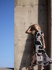 Religion White/Black Blossom Maxi Shirt Dress With Tie Waist Band in Hand-Painted Prints - Image 2 of 6