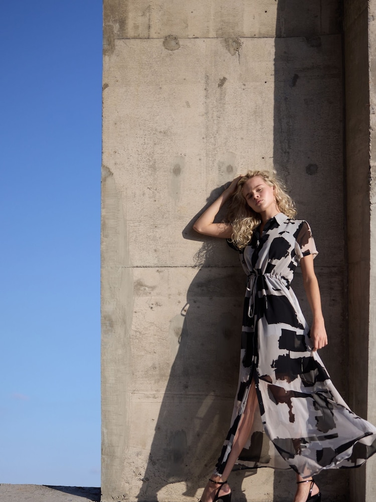 Religion White/Black Blossom Maxi Shirt Dress With Tie Waist Band in Hand-Painted Prints - Image 2 of 6