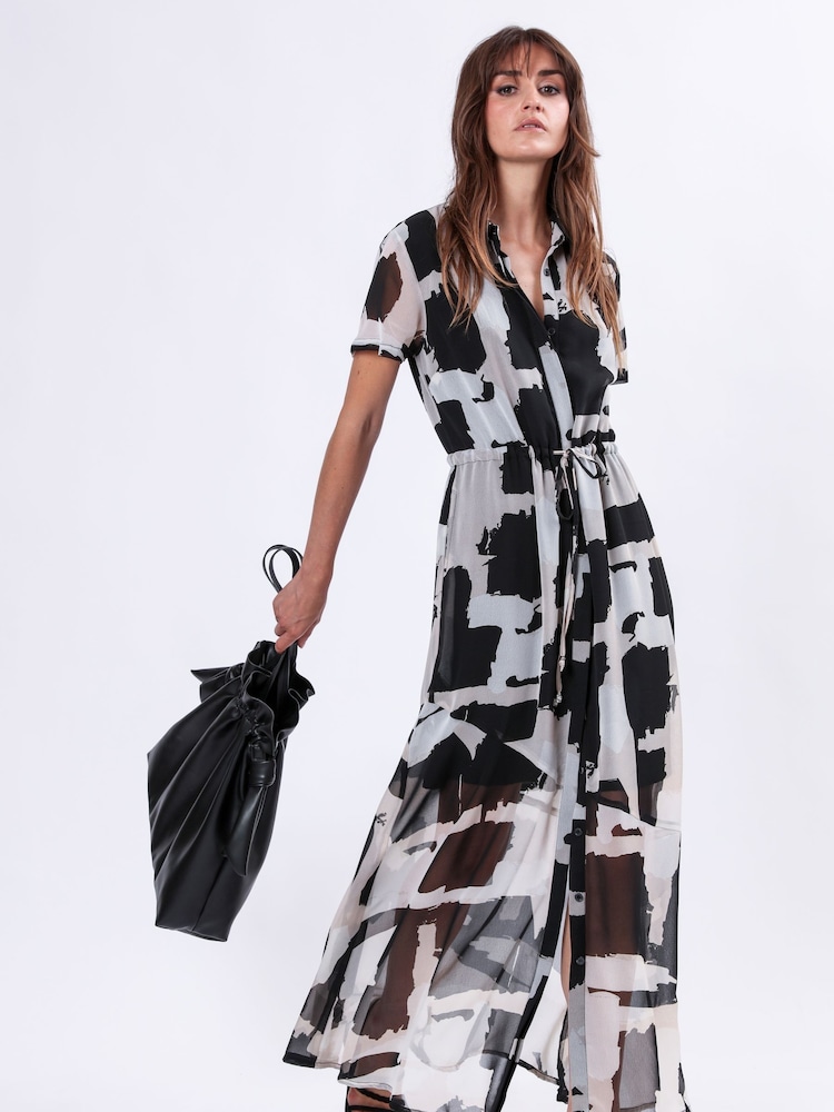 Religion White/Black Blossom Maxi Shirt Dress With Tie Waist Band in Hand-Painted Prints - Image 4 of 6