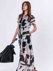 Religion White/Black Blossom Maxi Shirt Dress With Tie Waist Band in Hand-Painted Prints - Image 6 of 6