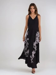 Religion Black Inversion Maxi Dress In Cupro With Beautiful Swallow Print - Image 1 of 7
