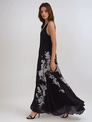 Religion Black Inversion Maxi Dress In Cupro With Beautiful Swallow Print - Image 2 of 7
