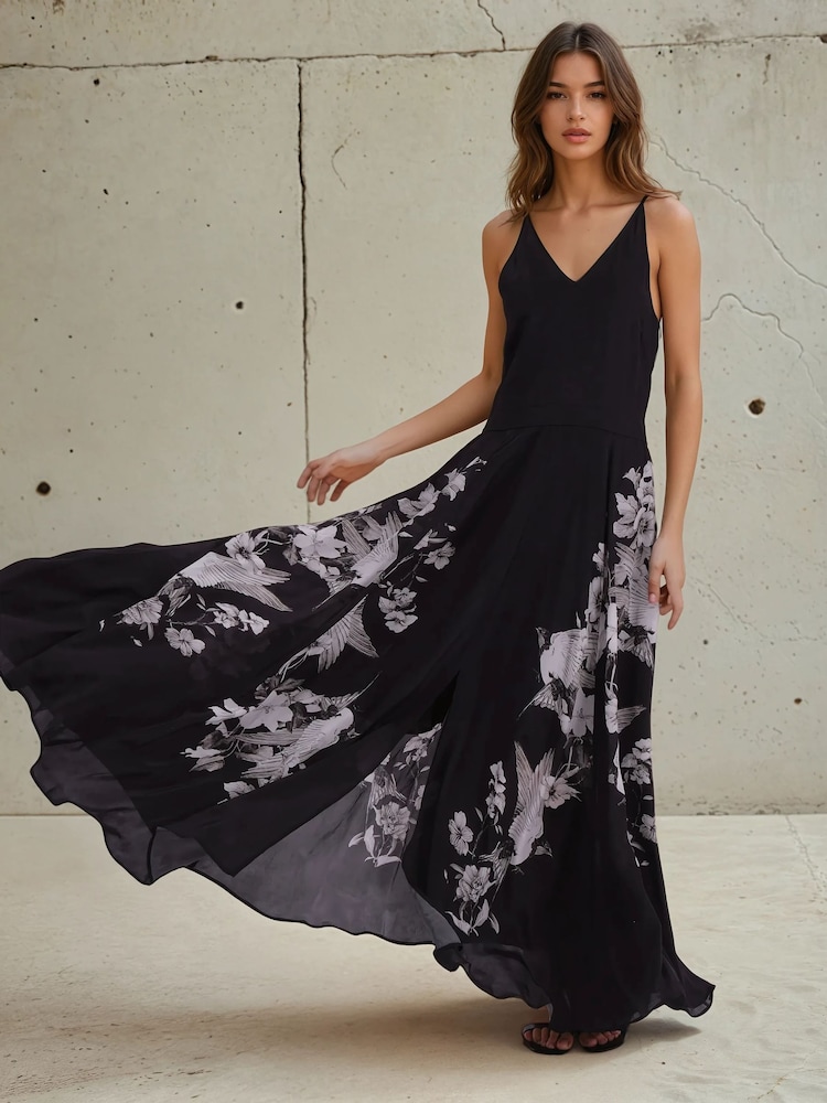 Religion Black Inversion Maxi Dress In Cupro With Beautiful Swallow Print - Image 5 of 5