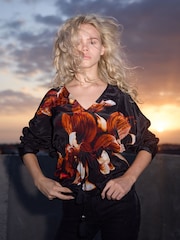 Religion Black Spell Top With Burnt Flower Placement Print And Tassle Tie Waist - Image 2 of 6