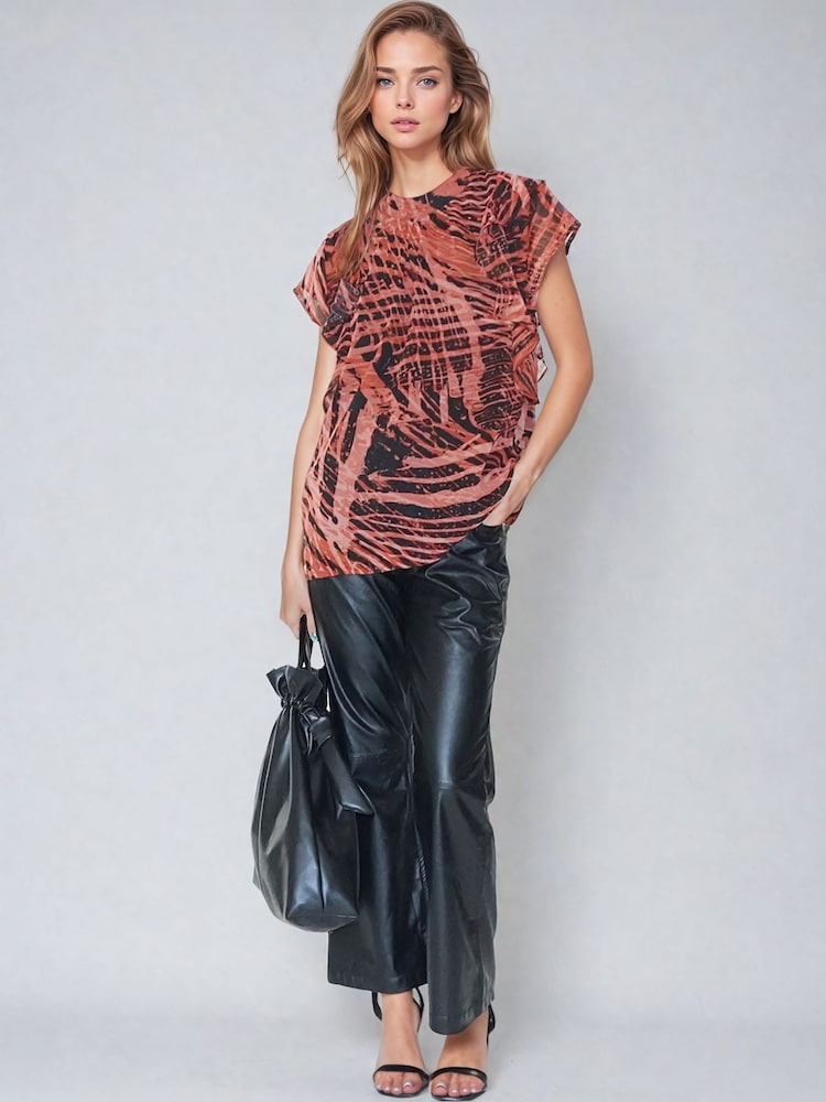 Religion Orange Blossom Blouse With Capped Sleeves and Frill Detail in Burnt Print - Image 2 of 5